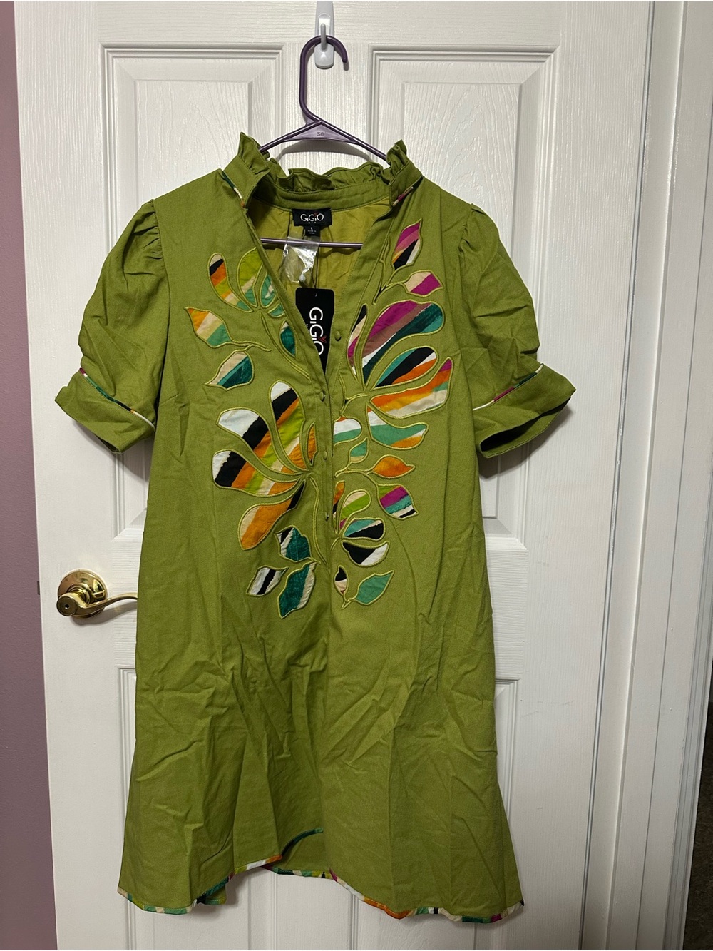 Gigio Large NWT Green Mini Dress with Multicolor Cutout Embellishments